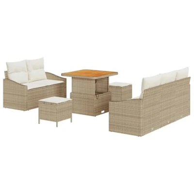 Afbeelding van vidaXL 8 delige Tuin Sofa Set met Kussens Beige Poly Rattan Acacia, 2 Zits Rattan, 3 Eetset Acacia