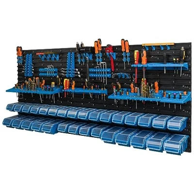 Afbeelding van botle 30 stapelboxen, wandrek, kunststof deksel, 175,5 x 78 cm, gereedschapshouder, werkplaats, garage, opslagsysteem, opbergbakken