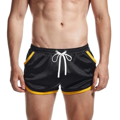 Afbeelding van AIMPACT Heren Bodybuilding Fitness Strakke Shorts Retro Workout Running met Zak, Zwart, M