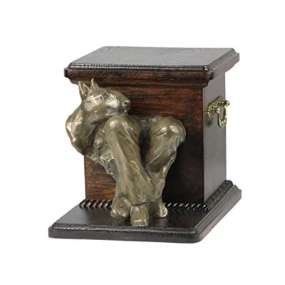 Afbeelding van Art Dog Handgemaakte Aangepaste Hondenherdenkingsurn Koudgegoten Bronzen Hondenkop op Berkenbasis Gepersonaliseerde Hondencrematiedoos 19x31x22cm Bullterriër (op knie)