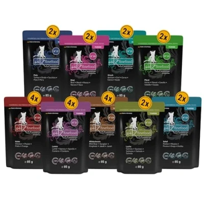 Afbeelding van catz finefood Purrrrr Collection Kattenvoer nat XXL mix pakket Gourmet natvoer voor je kat zonder suiker en granen, glutenvrij monoproteïne met een hoog vleesgehalte (zak van 24 x 85 g)