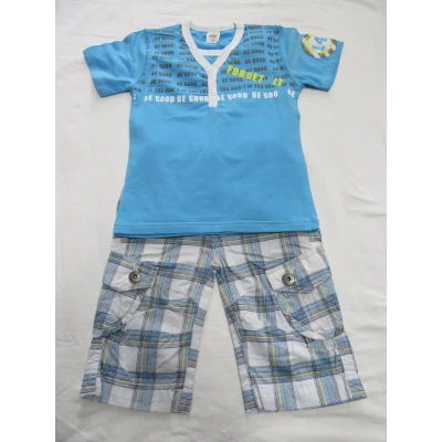 Afbeelding van dirkje , kledingset jongen tshirt blauw Be good + bermuda geruit 5 jaar 110