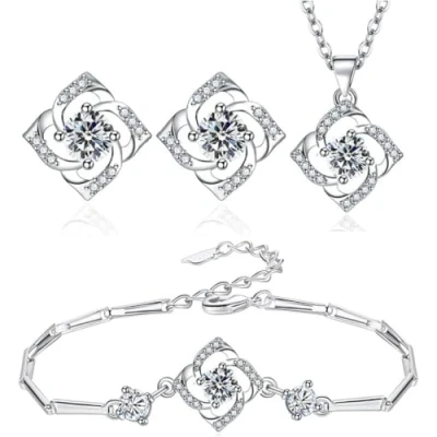 Afbeelding van TOEECY Klavertje Vier Sieraden Set Voor Vrouwen Geluk Hanger Ketting Armband Oorbellen Sets Met Kubieke Zirkonia Klaver Gift, Metaal