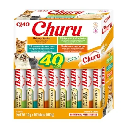 Afbeelding van INABA Churu puree kattenlekkernij multipack 40 tubs: 10 x kip, kip &amp; sint jakobsschelpen, krabben, rundvlees