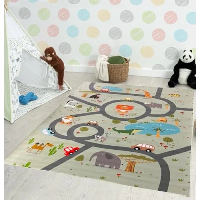 Afbeelding van the carpet Happy Life Speelkleed, tapijt voor kinderkamer, verkeersmat met straten, jungle, dieren, auto&#039;s, jungle groen 2, 140 x 200 cm