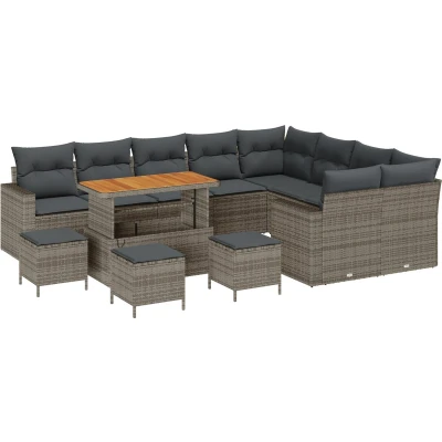 Afbeelding van vidaXL 13 delige Tuin Sofa Set met Kussens Grijs Poly Rattan Acacia, 4 Eetset Acacia