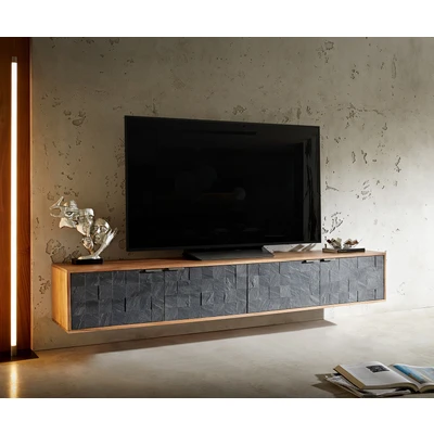 Afbeelding van TV meubel Teele acacia natuurleisteen 200 cm 4 deurs zwevend lowboard