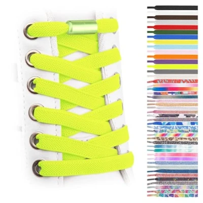 Afbeelding van SULPO Platte veters zonder strikken kleurrijke snelsluiting elastische schoenveters rubber voor kinderen en volwassenen, neon groen, Eén Maat