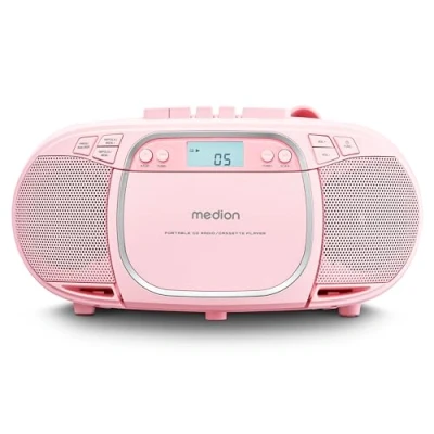 Afbeelding van MEDION E66476 Stereo Geluidssysteem (boombox, CD speler, MP3, cassette, draagbare cassettespeler voor kinderen, FM radio, AUX, hoofdtelefoon, netvoeding &amp; batterij) Roze
