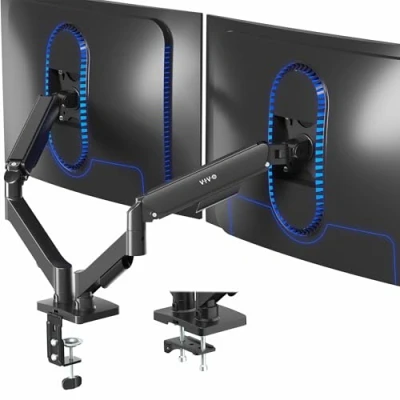 Afbeelding van VIVO Dubbele arm monitor bureaubevestiging in hoogte verstelbaar, kantelbaar, draaibaar, contragewicht pneumatische standaard, VESA beugelarm past op de meeste schermen tot 32 inch, Classic,