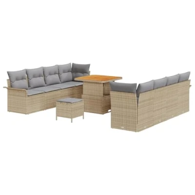 Afbeelding van vidaXL 11 delige tuinbank set met kussens Beige Poly Rattan Acacia, 2 persoons Rattan, 3 tuin eetset Acacia