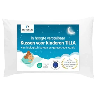 Afbeelding van Kinderkussen TILLA 40x60, Duurzaam &amp; in hoogte verstelbaar, hoofdkussen van biologisch katoen gerecyclede vulling, kussen 60x40, Plat behaaglijk gemaakt EU, OEKO Tex gecertificeerd