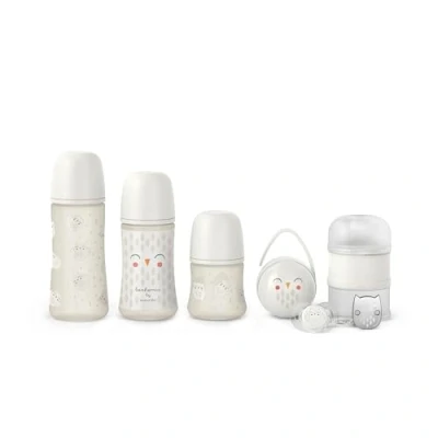 Afbeelding van Suavinex, Premium set voor pasgeborenen, 150 ml, 270 ml en 360 + fopspeen 0 6 maanden met fysieke speen SX Pro melkdispenser, duo fopspeenhouder clip, grijs