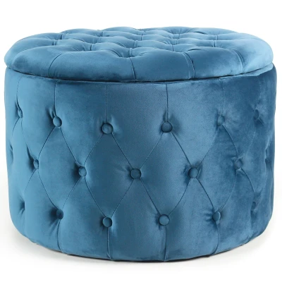 Afbeelding van Ronde Salvina poef in gewatteerd fluweelblauw Menzzo