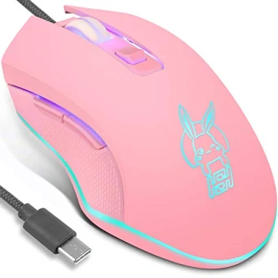 Afbeelding van IULONEE Bedrade gamingmuis USB C stille klik 7 kleuren backlit optische type game muizen ergonomische telefoonmuis met 2400 DPI en 6 knoppen 4 opnamen voor pc computer laptop desktop Mac (roze)