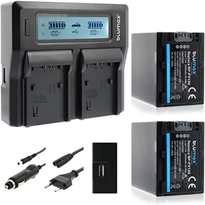 Afbeelding van 2X Blumax Battery vervangt Sony NP FV120/FV100/FV70/FV50 3300mAh + Dual Charger compatibel met verschillende camera modellen laadt 2 batterijen tegelijk op
