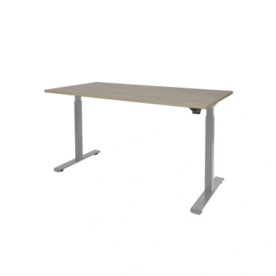 Afbeelding van Dextro basic zit/sta 180x90cm, electrisch hoogte verstelbare werkplek, T poot frame. Frame kleur aluminium (RAL9006) en blad Robson eiken.