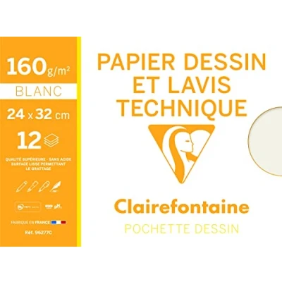 Afbeelding van Clairefontaine 96277C map tekenpapier (ideaal voor technische tekeningen, 24 x 32 cm, 12 vellen, 160 g) wit