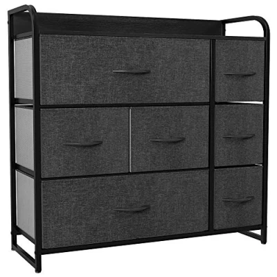 Afbeelding van YITAHOME Ladekast, kationische stof 7 lade opbergorganizer voor slaapkamer woonkamer kast, stevig stalen frame, gemakkelijk te trekken stoffen bakken en houten top, dressoir, zwart grijs