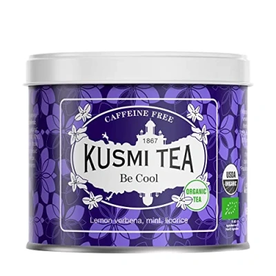 Afbeelding van Kusmi Tea Bio Infusion Be Cool Kruidenmengeling, Pepermunt, Zoethout en Appel Kruidenthee, Theïnevrij, in bulk Metalen Doos 90g