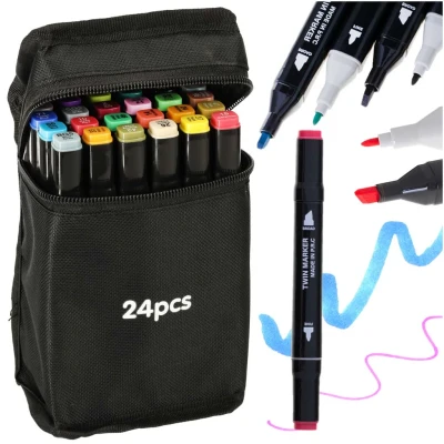 Afbeelding van Ikonka 24 stuks Dubbelzijdige Alcoholmarkers Markerset Alcohol Markers in Etui Professionele