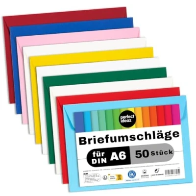 Afbeelding van perfect ideaz 50 gekleurde enveloppen 11,4 x 16,1 cm (C6), gerecyclede enveloppe zonder venster, duurzaam geproduceerd in Duitsland, briefomslag, 10 kleuren, couvertset blanco, vochtig klevend