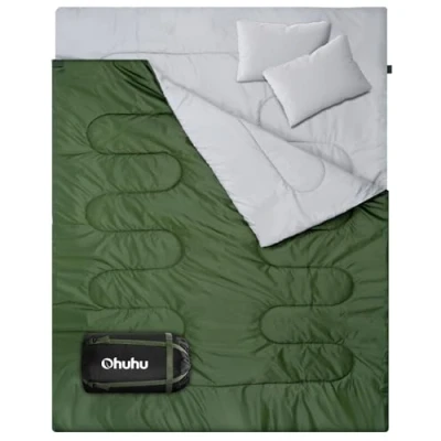 Afbeelding van slaapzak Outdoor zomer: Ohuhu dubbele met 2 kussens en draagtas, waterdicht, licht, voor personen, volwassenen, slaapzakken kamperen, backpacken, wandelen (groen)