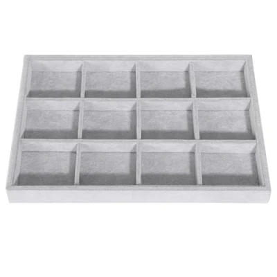 Afbeelding van Emibele Jewelry Tray, 12 Grids Compartments Organizer for Necklace, Ring, Earring, Stud, Bracelet, Soft Velvet Showcase Display Grey