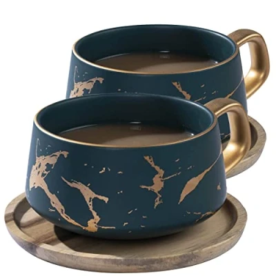 Afbeelding van 2 stuks cappuccinokopjes met schoteltjes, 300 ml, porseleinen espressokopjes voor thee, koffie, cappuccino, koffiekopjes houten schijf (2 x groen)