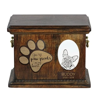 Afbeelding van Art Dog Custom Memorial Urn Handgemaakt Koud Gegoten Bronzen Portret op Berken Basis met Gepersonaliseerde Keramische Plaat 8,3x11,4x8,7 Franse bulldog