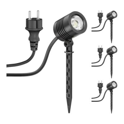 Afbeelding van ledscom.de 4 stuks Kleine LED tuinspot met grondspies TARL voor buiten, IP65, stekker, zwart, 4,3 W, 340lm, warm wit