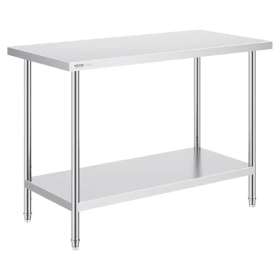 Afbeelding van VEVOR 24 x 48 34 inch, zware metalen werktafel met 3 verstelbare hoogteniveaus, commercieel werkstation voor keuken, garage, restaurant, achtertuin, zilver