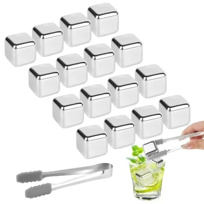 Afbeelding van VFANDV IJsblokjes, roestvrij staal, 18 stuks, 304 herbruikbare whiskystenen + clips, bevroren ijsblokjes voor wijn, wodka, likeur, dranksap of limonade