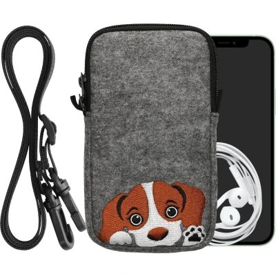 Afbeelding van kwmobile Tasje voor smartphones L 6,5&quot; Hoesje van vilt in bruin / wit grijs Phone case met nekkoord Nieuwsgierige Hond design