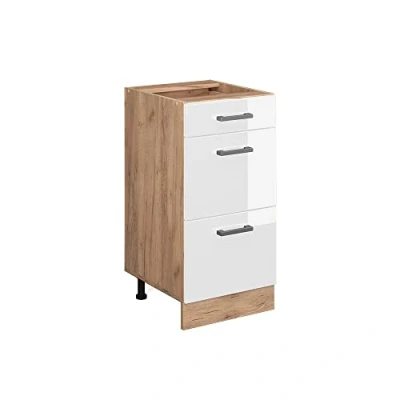 Afbeelding van Vicco Keukenonderkast R Line, Wit Hoogglans/Bruin, 40 cm met laden, zonder werkblad