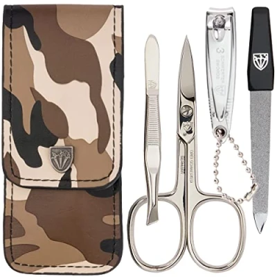 Afbeelding van DREI SCHWERTER 4 delige nagelverzorgingsset &#039;Capri&#039; Hoogwaardige nageletui voor manicure en pedicure. Kleur: kunstleer in camouflage Inhoud: nagelschaar, nagelknipper, pincet, saffier nagelvijl