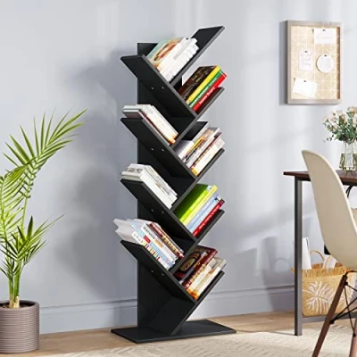 Afbeelding van YITAHOME Boomboekenplank, vloerstaande boekenplank, rustieke industriële houten planken boekenkast, display opslag rekken voor woonkamer/thuis/kantoor zwarte boekenplank