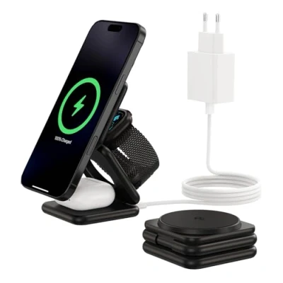 Afbeelding van KU XIU X40Q Qi2 3 in 1 Opvouwbaar Draadloos Laadstation, Magnetische 15W Snellader voor iPhone 16/15/14/13/12 Pro Max, 5W Oplader Apple Watch 10/9/8/7/6/Ultra/SE en AirPods Pro/4/3/2, Zwart