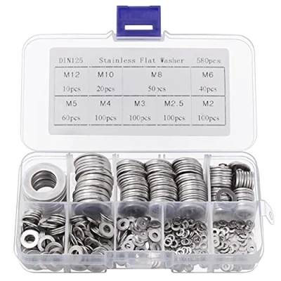 Afbeelding van Belle Vous Roestvrijstalen Platte Ringen met Opbergdoos (580 Stuks) 9 Verschillende Maten M2, M2,5, M3, M4, M5, M6, M8, M10 en M12 Ronde Metalen Schroefring Reparatie, Fabrieken &amp; Woningdecoratie