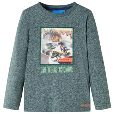 Afbeelding van Kindershirt met lange mouwen dinosaurusprint 116 gemleerd donkergroen