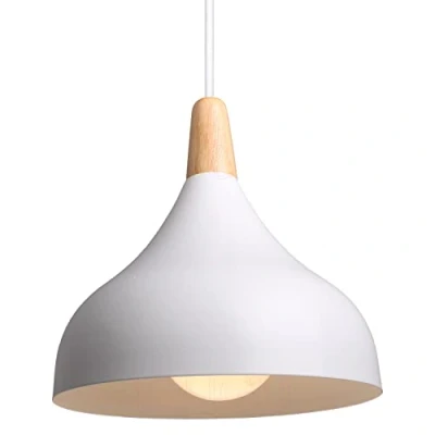 Afbeelding van iDEGU Kroonluchter hanglamp retro moderne druppelstijl hoed plafondlamp E27 metaal hout voor slaapkamer eetkamer keuken Ø 20 cm (wit, 1 stuk)
