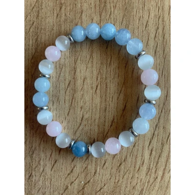 Afbeelding van Edelsteen Armband 18 cm 8 mm Kralen Moed &amp; Liefde Rozenkwarts, Seleniet Aquamarijn Voor Innerlijke Kracht Zelfvertrouwen