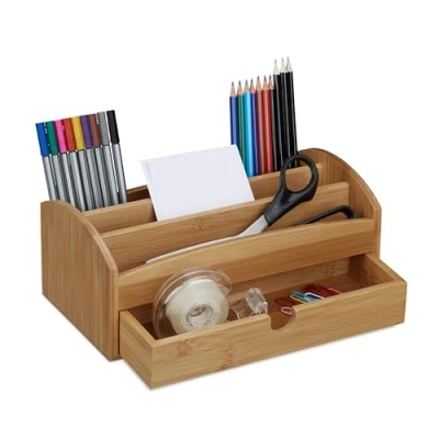 Afbeelding van Relaxdays Bureau organizer met 4 vakken en lade bamboe pennenbak desk