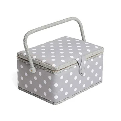 Afbeelding van Hobby Gift Exclusieve medium naaidoos, knutseldoos, accessoirelade, speldenkussen, PVC handgreep, 18,5 x 25,5 14,5 cm, grijze stippen