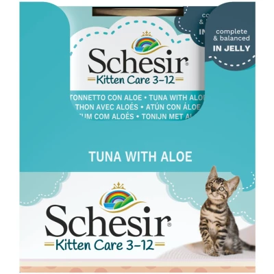 Afbeelding van 14x Schesir Kattenvoer Kitten 3 12 Tonijn Aloe in Gelei 85 gr