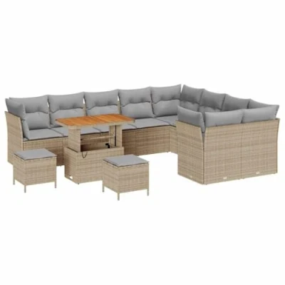 Afbeelding van vidaXL 12 Delige Tuin Sofa Set met Kussens Beige Poly Rattan Acacia, 3 Eettafel Acacia