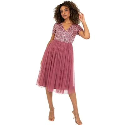 Afbeelding van Maya Deluxe Dames V hals midi, versierd bruidsmeisje jurk, Woestijnroos, 40