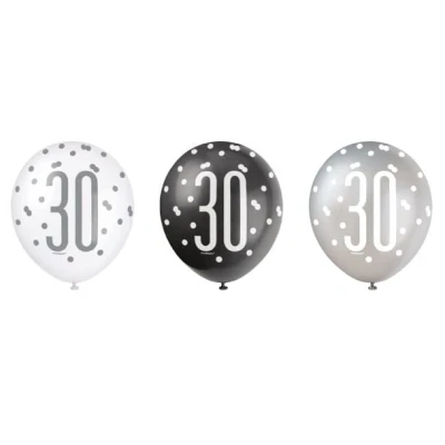 Afbeelding van Ballonnen 30 jaar Glitz Zwart Zilver 6 stuks