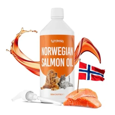 Afbeelding van Petsly® Zalmolie voor honden en katten, 1 l, Noorwegen, 100% wild, rijk aan omega 3 6 9 vitamine E, koudgeperst, glanzende vacht, immuunsysteem versterkt gewricht, pomp inbegrepen