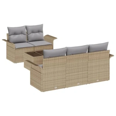 Afbeelding van vidaXL 6 delige Tuin Sofa Set met Kussens Beige Poly Rattan, 2 Zits Opbergruimte &amp; Rattan